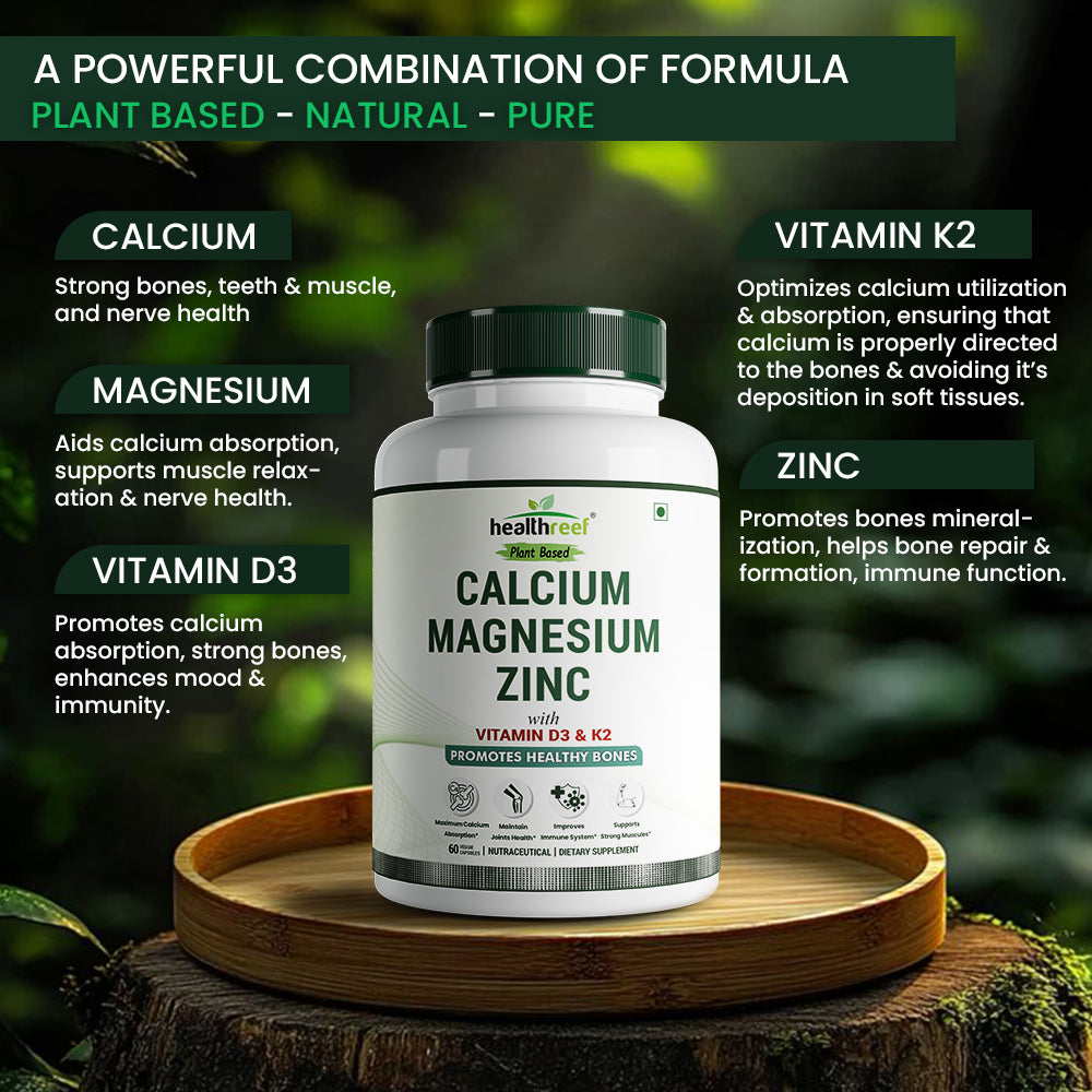 Healthreef Plant-Based Calcium, Magnesium, Zinc with Vitamin D3 & K2 Supplement Bone Strength, Joint Flexibility & Enhanced Calcium Absorption - 60 Vegetarian Capsules