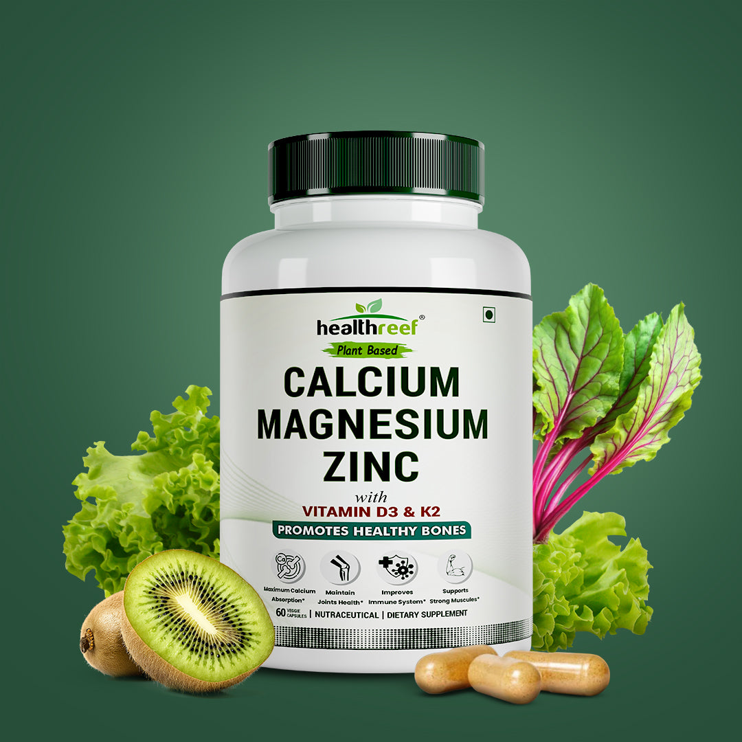 Healthreef Plant-Based Calcium, Magnesium, Zinc with Vitamin D3 & K2 Supplement Bone Strength, Joint Flexibility & Enhanced Calcium Absorption - 60 Vegetarian Capsules