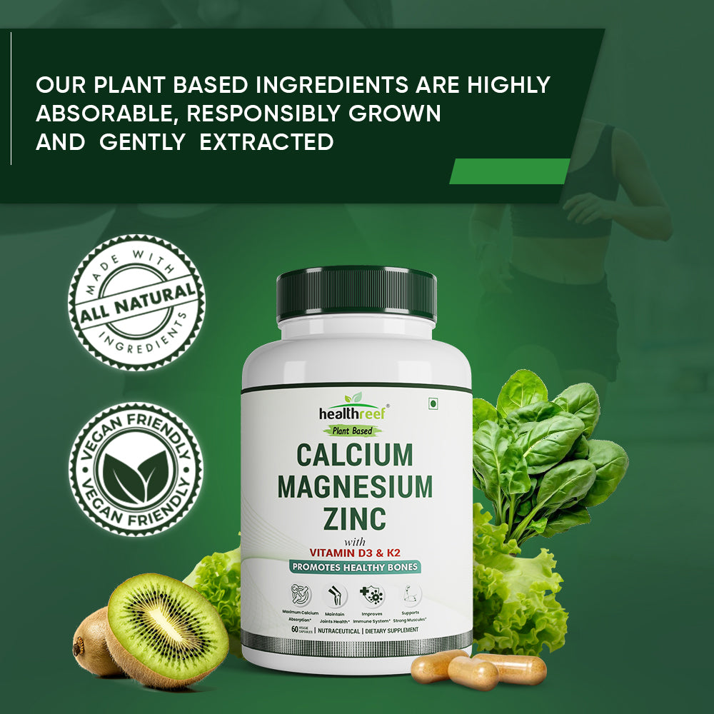 Healthreef Plant-Based Calcium, Magnesium, Zinc with Vitamin D3 & K2 Supplement Bone Strength, Joint Flexibility & Enhanced Calcium Absorption - 60 Vegetarian Capsules