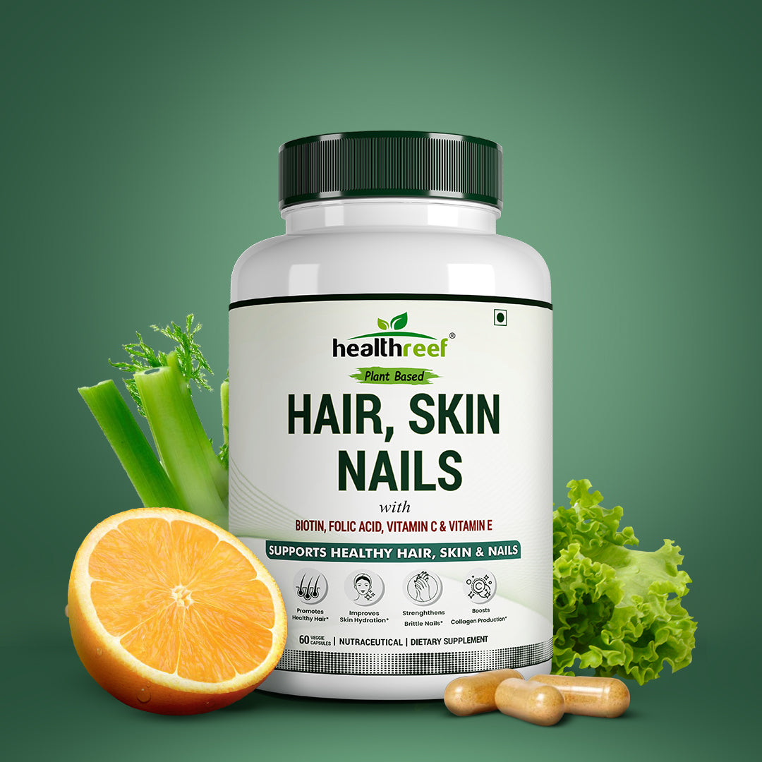 Healthreef Plant-Based Hair, Skin & Nails Formula – Biotin, Folic Acid, Vitamin C & E Plus Antioxidants for Nourished Hair, Vibrant Skin, and Resilient Nails – Supports Collagen & Cellular Health – 60 Veg Capsules