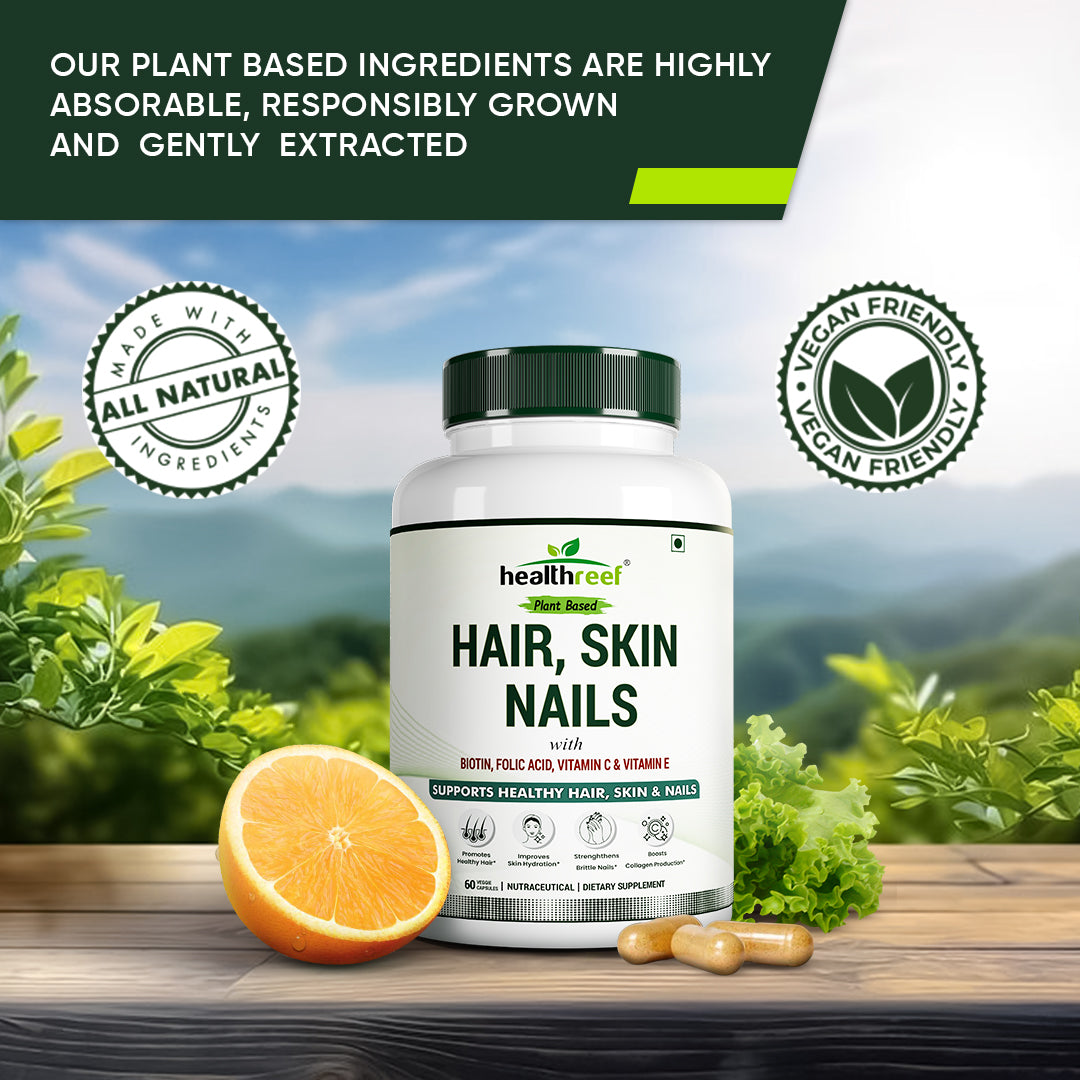 Healthreef Plant-Based Hair, Skin & Nails Formula – Biotin, Folic Acid, Vitamin C & E Plus Antioxidants for Nourished Hair, Vibrant Skin, and Resilient Nails – Supports Collagen & Cellular Health – 60 Veg Capsules