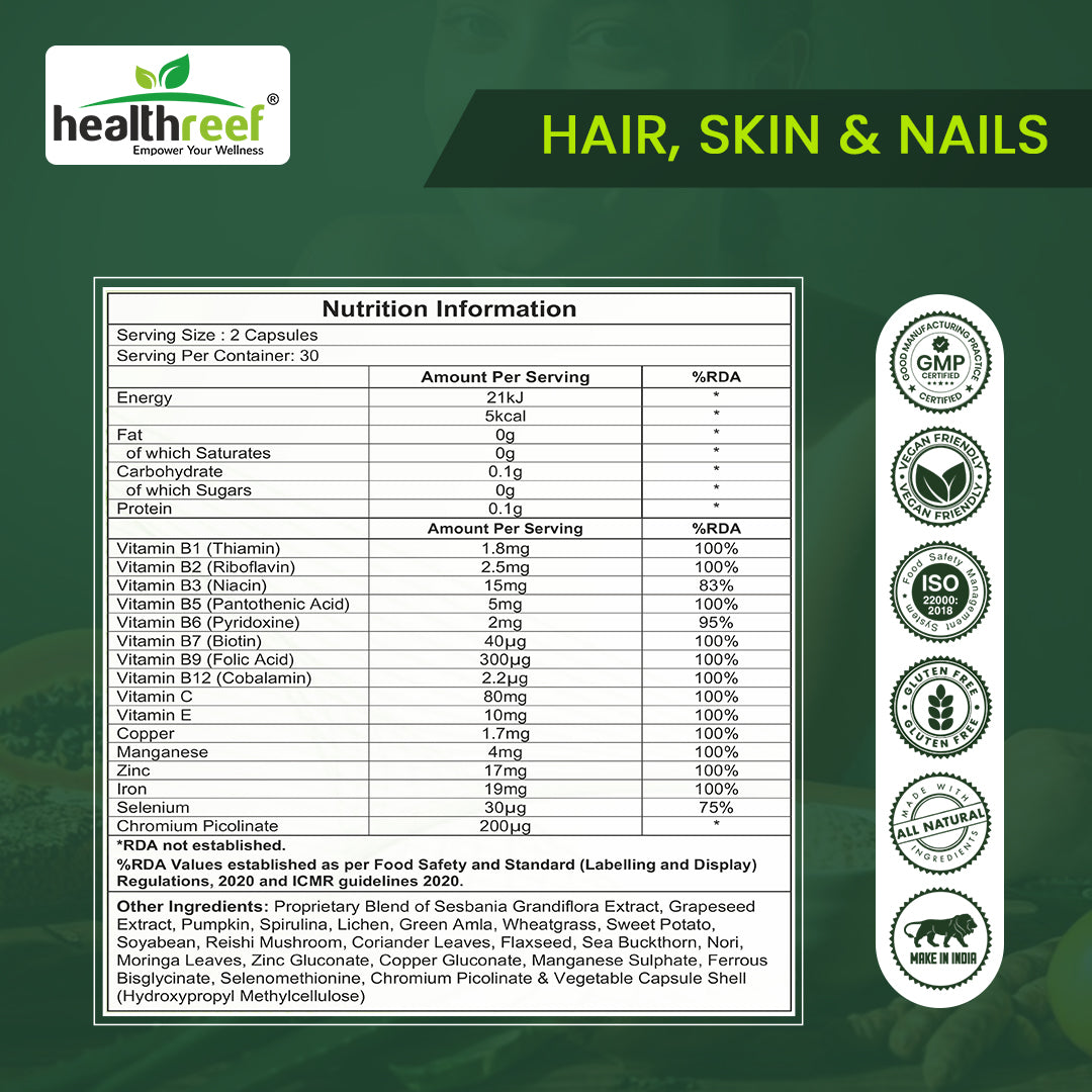 Healthreef Plant-Based Hair, Skin & Nails Formula – Biotin, Folic Acid, Vitamin C & E Plus Antioxidants for Nourished Hair, Vibrant Skin, and Resilient Nails – Supports Collagen & Cellular Health – 60 Veg Capsules
