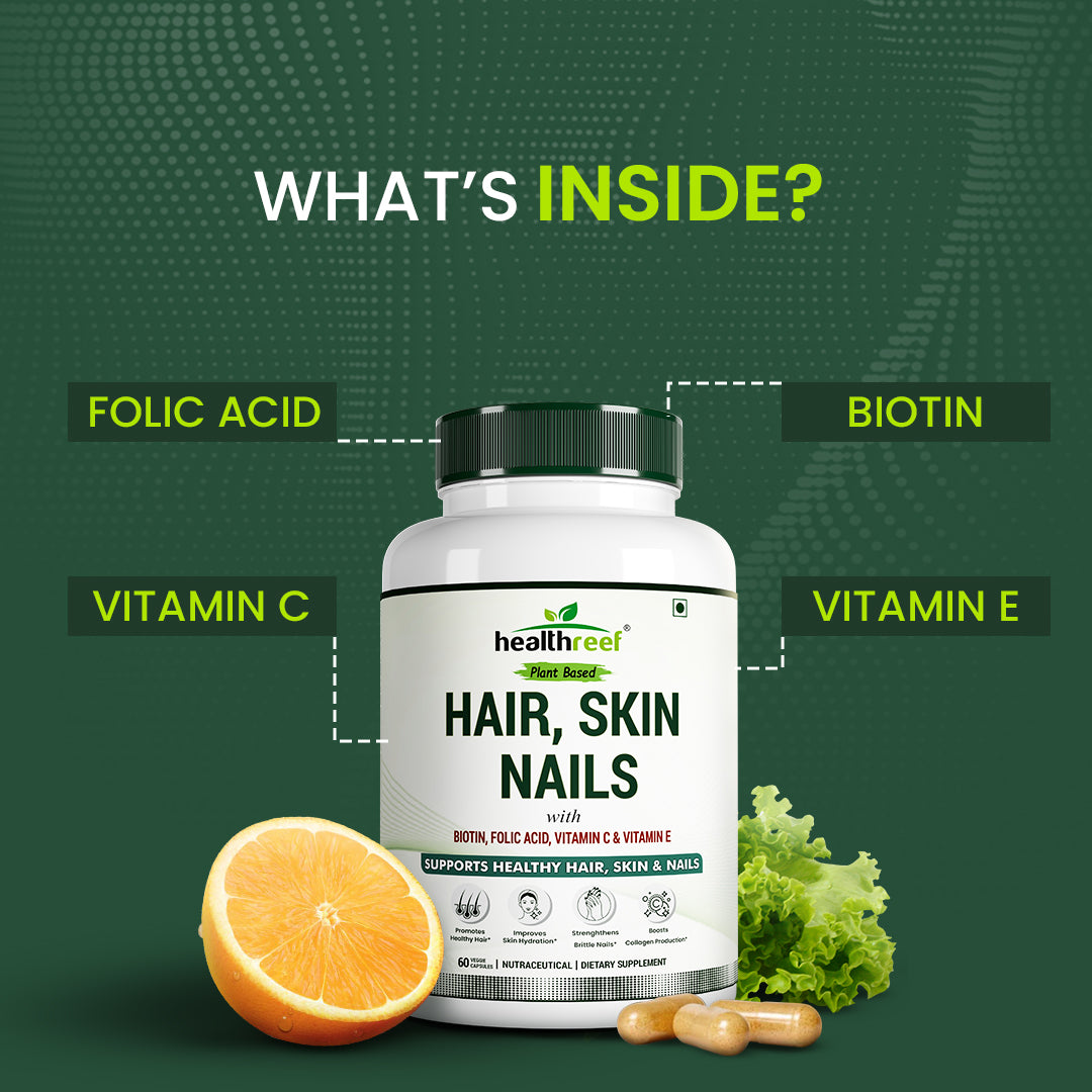 Healthreef Plant-Based Hair, Skin & Nails Formula – Biotin, Folic Acid, Vitamin C & E Plus Antioxidants for Nourished Hair, Vibrant Skin, and Resilient Nails – Supports Collagen & Cellular Health – 60 Veg Capsules