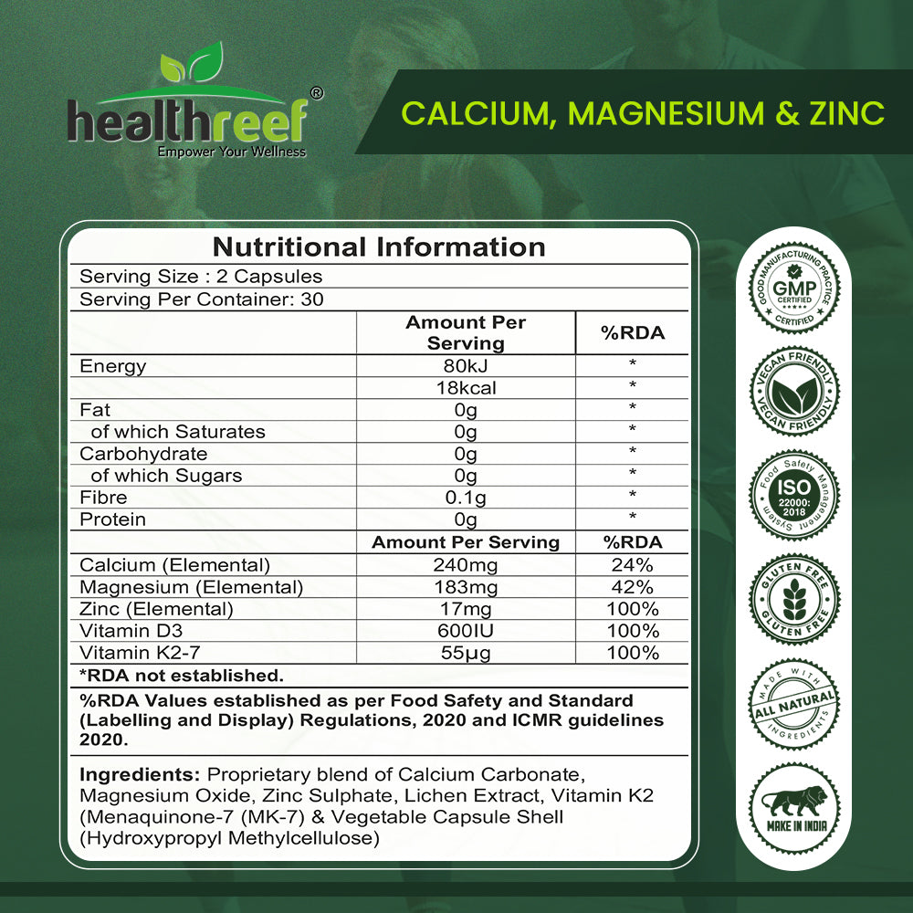 Healthreef Plant-Based Calcium, Magnesium, Zinc with Vitamin D3 & K2 Supplement Bone Strength, Joint Flexibility & Enhanced Calcium Absorption - 60 Vegetarian Capsules