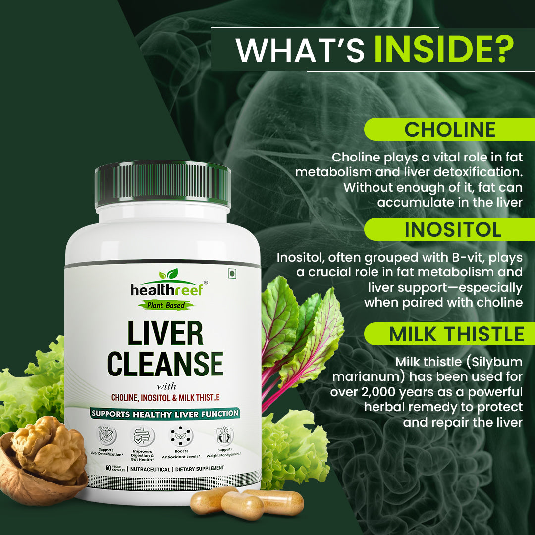 Healthreef Advanced Liver Cleanse & Detox Supplement – Milk Thistle, Choline, Inositol, Dandelion, Turmeric & Green Tea Extracts – Potent Herbal Support for Liver Health, Detoxification, and Fat Metabolism – 60 Vegetarian Capsules