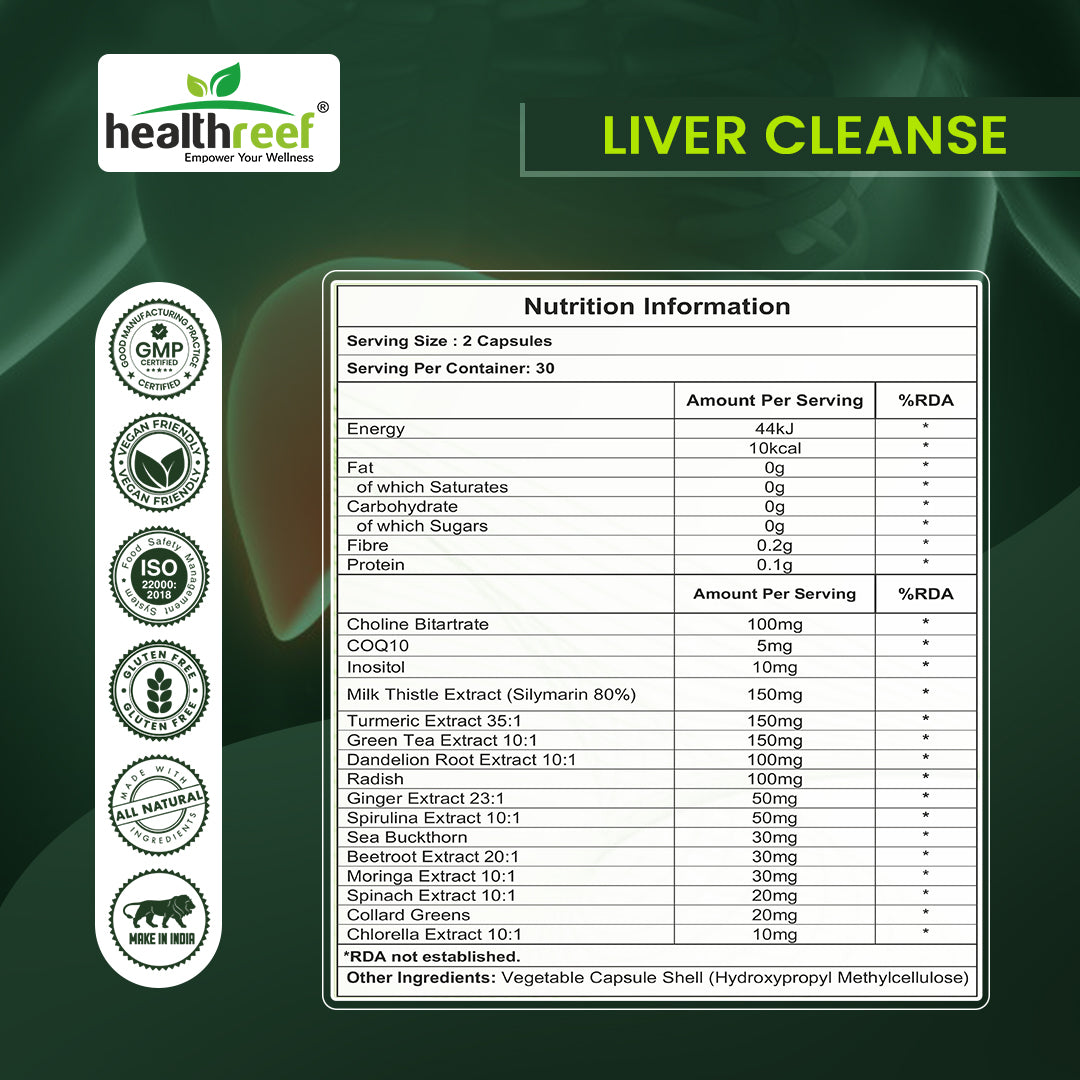 Healthreef Advanced Liver Cleanse & Detox Supplement – Milk Thistle, Choline, Inositol, Dandelion, Turmeric & Green Tea Extracts – Potent Herbal Support for Liver Health, Detoxification, and Fat Metabolism – 60 Vegetarian Capsules