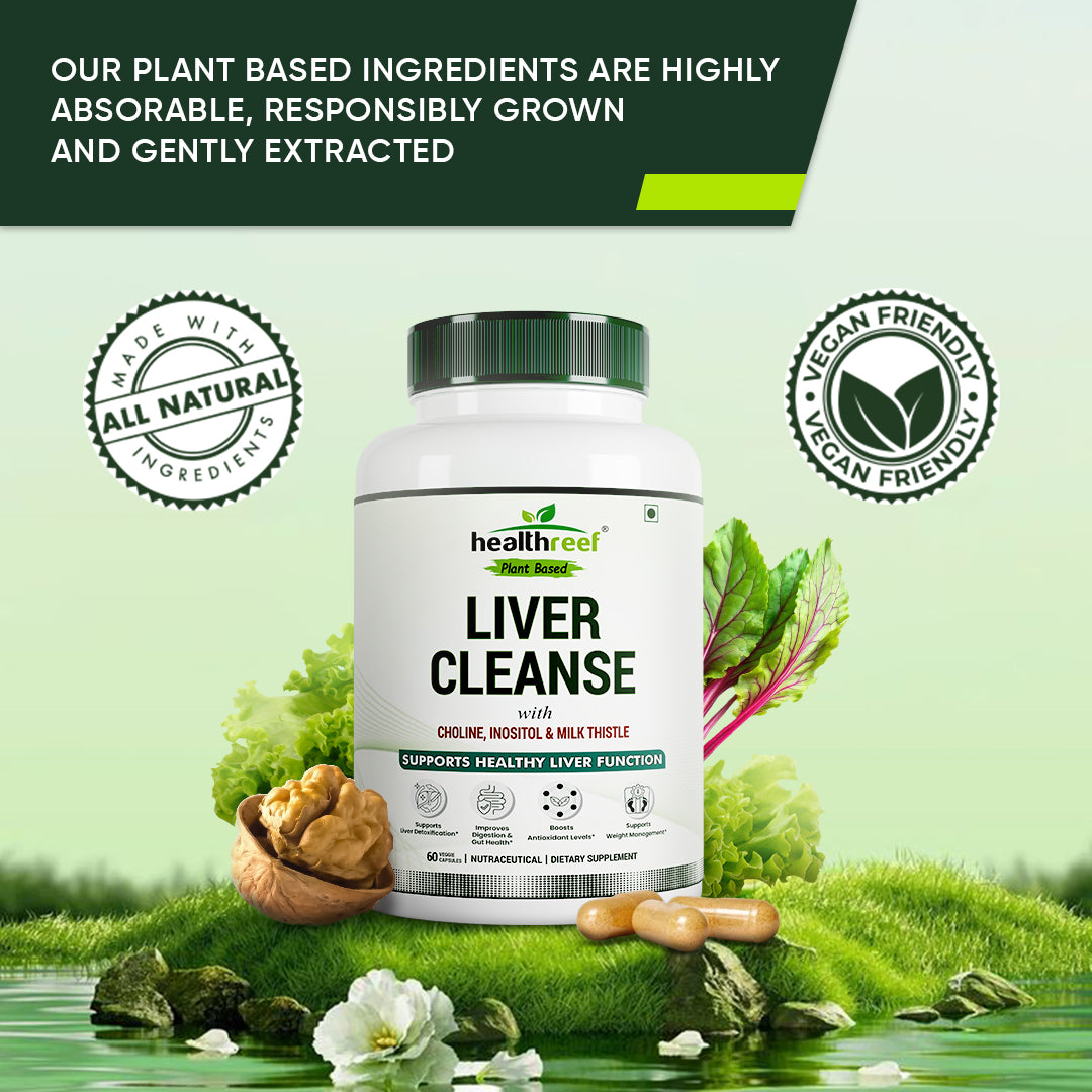 Healthreef Advanced Liver Cleanse & Detox Supplement – Milk Thistle, Choline, Inositol, Dandelion, Turmeric & Green Tea Extracts – Potent Herbal Support for Liver Health, Detoxification, and Fat Metabolism – 60 Vegetarian Capsules