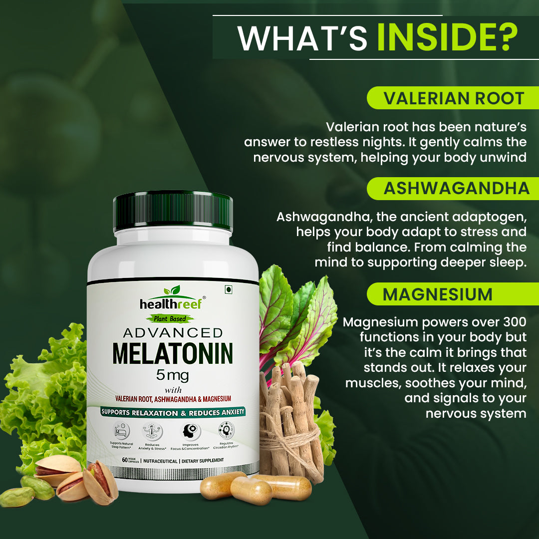 Healthreef Premium Plant-Based Melatonin 5mg Sleep Supplement – Enhanced with Valerian Root, Ashwagandha, Magnesium & Vitamin B6 for Relaxation, Restful Sleep, and Stress Reduction – Non-Habit Forming - 60 Vegetarian Capsules