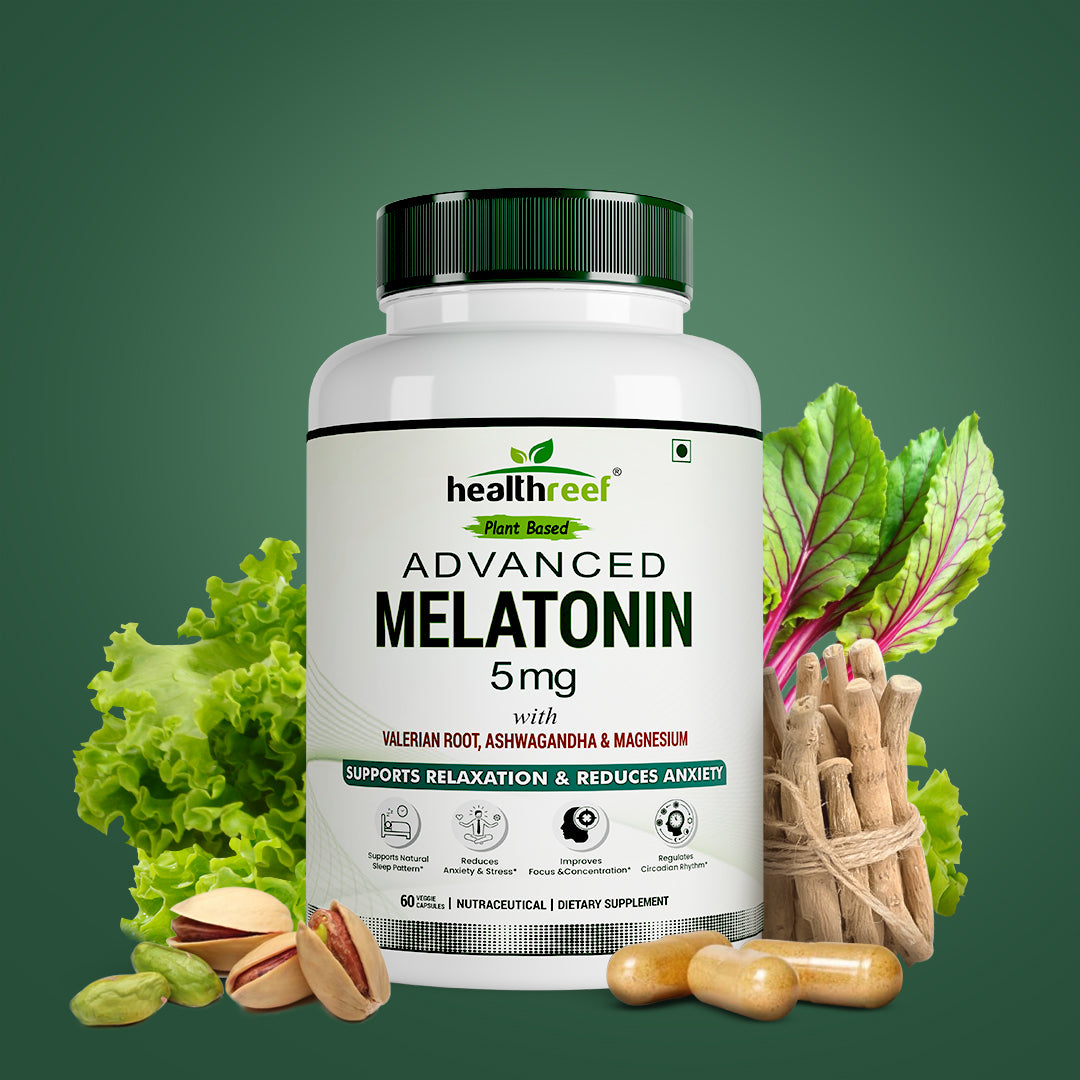Healthreef Premium Plant-Based Melatonin 5mg Sleep Supplement – Enhanced with Valerian Root, Ashwagandha, Magnesium & Vitamin B6 for Relaxation, Restful Sleep, and Stress Reduction – Non-Habit Forming - 60 Vegetarian Capsules