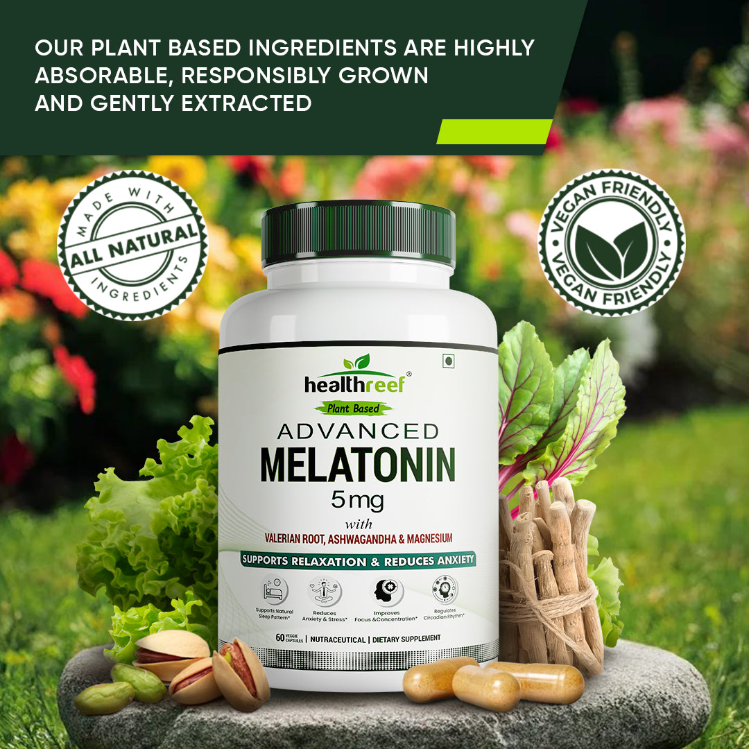 Healthreef Premium Plant-Based Melatonin 5mg Sleep Supplement – Enhanced with Valerian Root, Ashwagandha, Magnesium & Vitamin B6 for Relaxation, Restful Sleep, and Stress Reduction – Non-Habit Forming - 60 Vegetarian Capsules