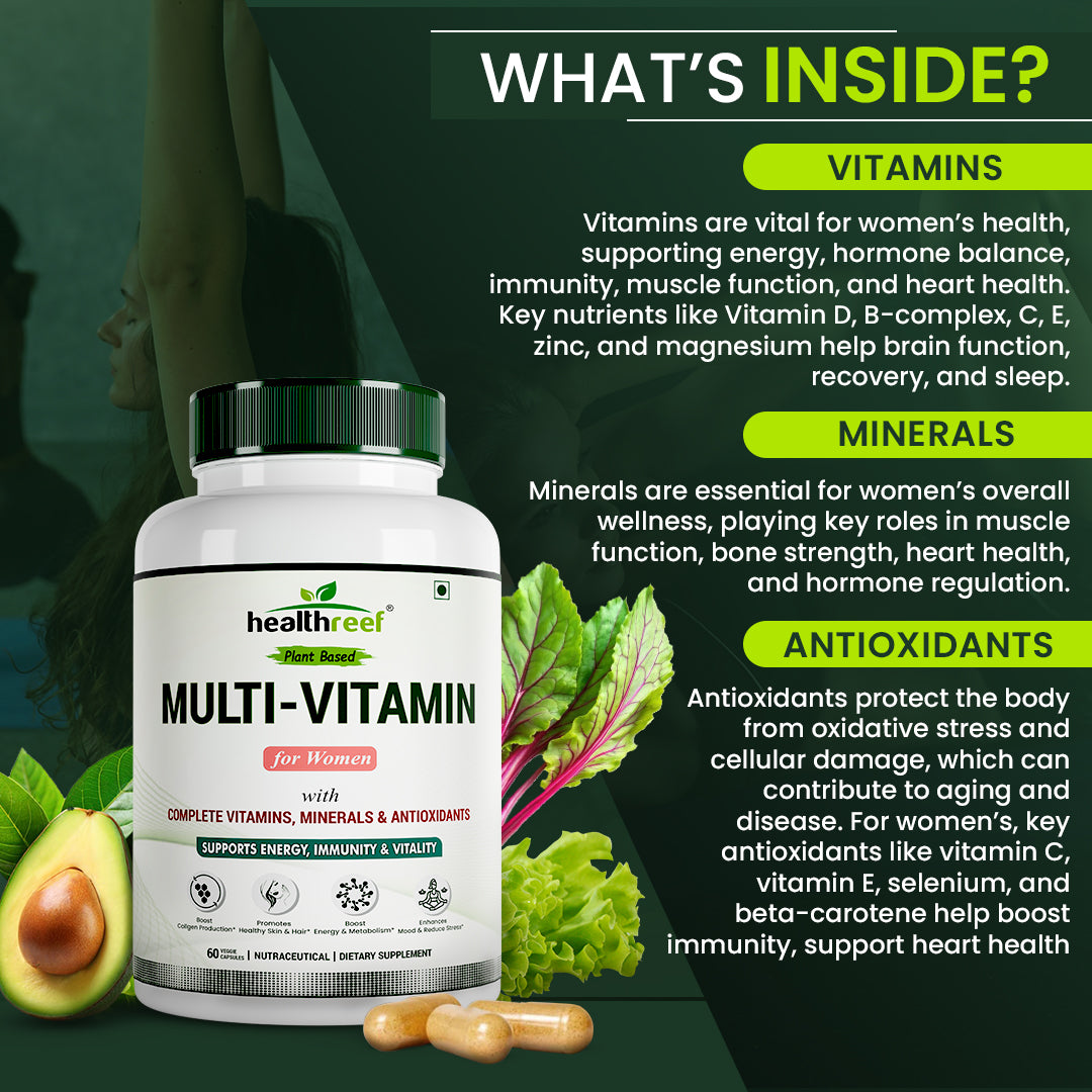 Healthreef Plant-Based Multivitamin for Women Complete Vitamins, Minerals & Antioxidants for Energy, Hormonal Balance, Skin & Hair Health - 60 Vegetarian Capsules