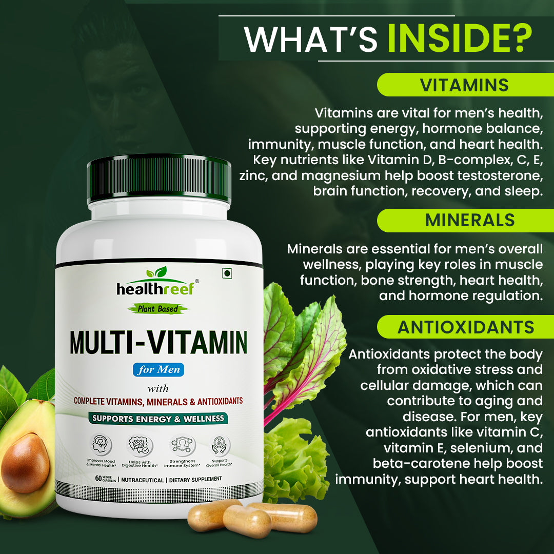 Healthreef Plant-Based Multi-Vitamin for Men – Complete Daily Vitamins, Minerals, and Antioxidants for Energy, Immune Support, and Vitality – 60 Vegetarian Capsules
