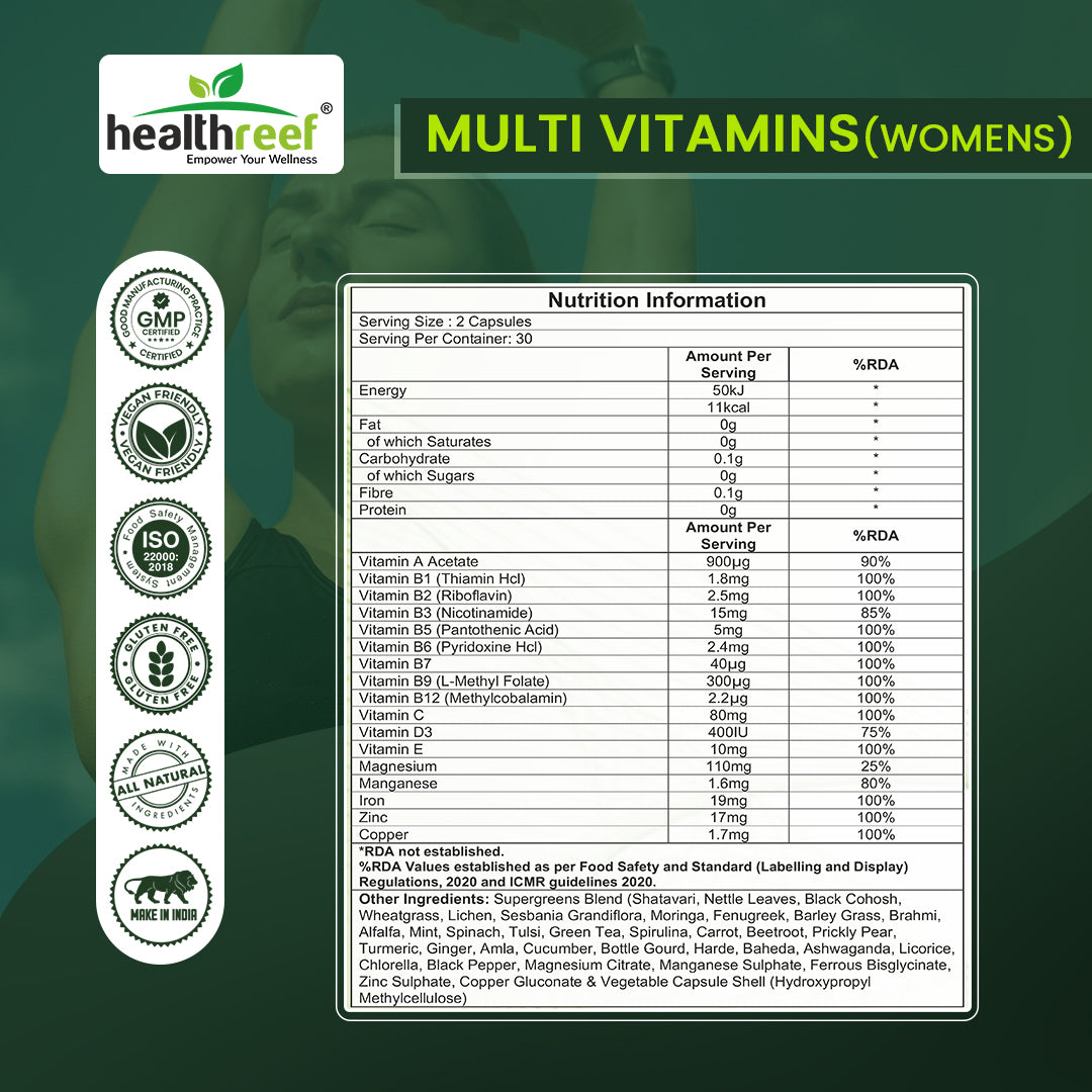 Healthreef Plant-Based Multivitamin for Women Complete Vitamins, Minerals & Antioxidants for Energy, Hormonal Balance, Skin & Hair Health - 60 Vegetarian Capsules