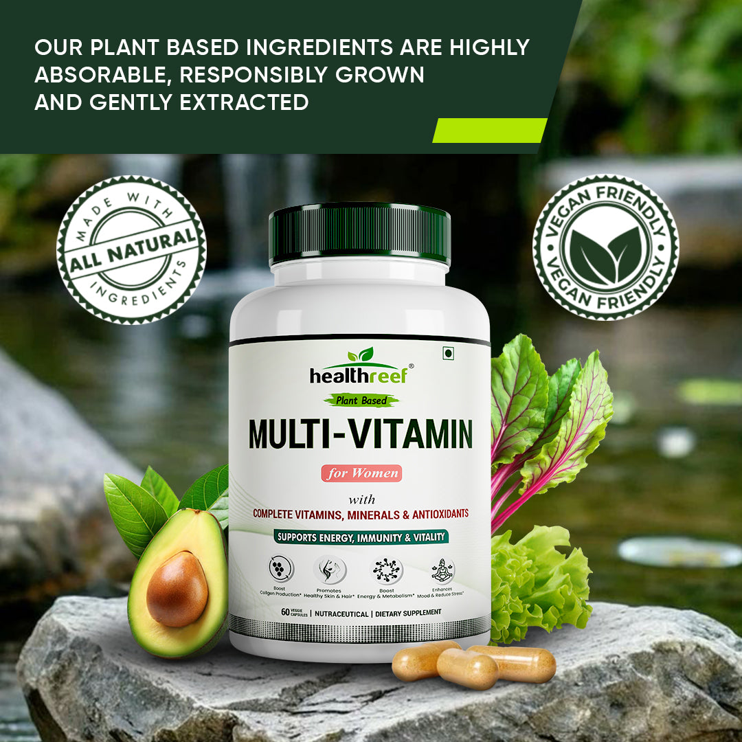 Healthreef Plant-Based Multivitamin for Women Complete Vitamins, Minerals & Antioxidants for Energy, Hormonal Balance, Skin & Hair Health - 60 Vegetarian Capsules