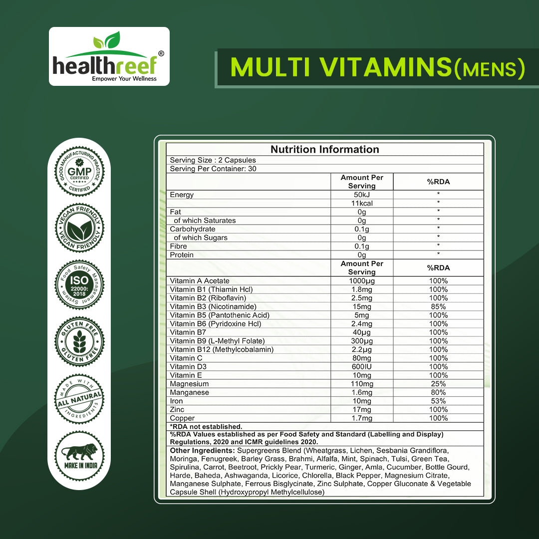 Healthreef Plant-Based Multi-Vitamin for Men – Complete Daily Vitamins, Minerals, and Antioxidants for Energy, Immune Support, and Vitality – 60 Vegetarian Capsules