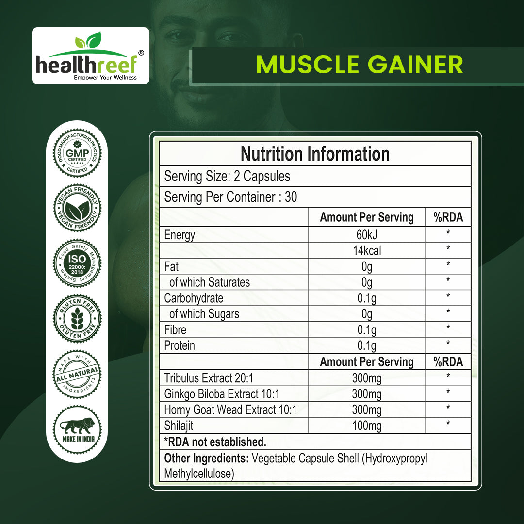 Healthreef Plant-Based Muscle Gainer Supplement Tribulus, Ginkgo Biloba & Horny Goat Weed for Strength, Stamina, Testosterone Boost & Workout Performance 60 Vegetarian Capsules