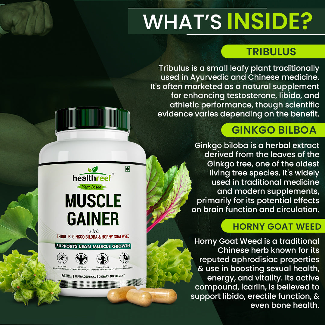 Healthreef Plant-Based Muscle Gainer Supplement Tribulus, Ginkgo Biloba & Horny Goat Weed for Strength, Stamina, Testosterone Boost & Workout Performance 60 Vegetarian Capsules