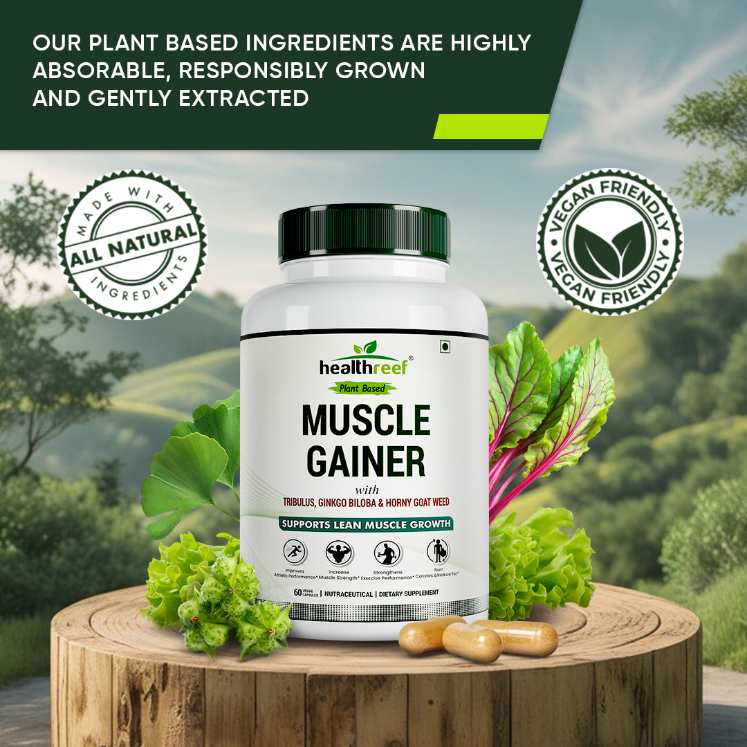 Healthreef Plant-Based Muscle Gainer Supplement Tribulus, Ginkgo Biloba & Horny Goat Weed for Strength, Stamina, Testosterone Boost & Workout Performance 60 Vegetarian Capsules