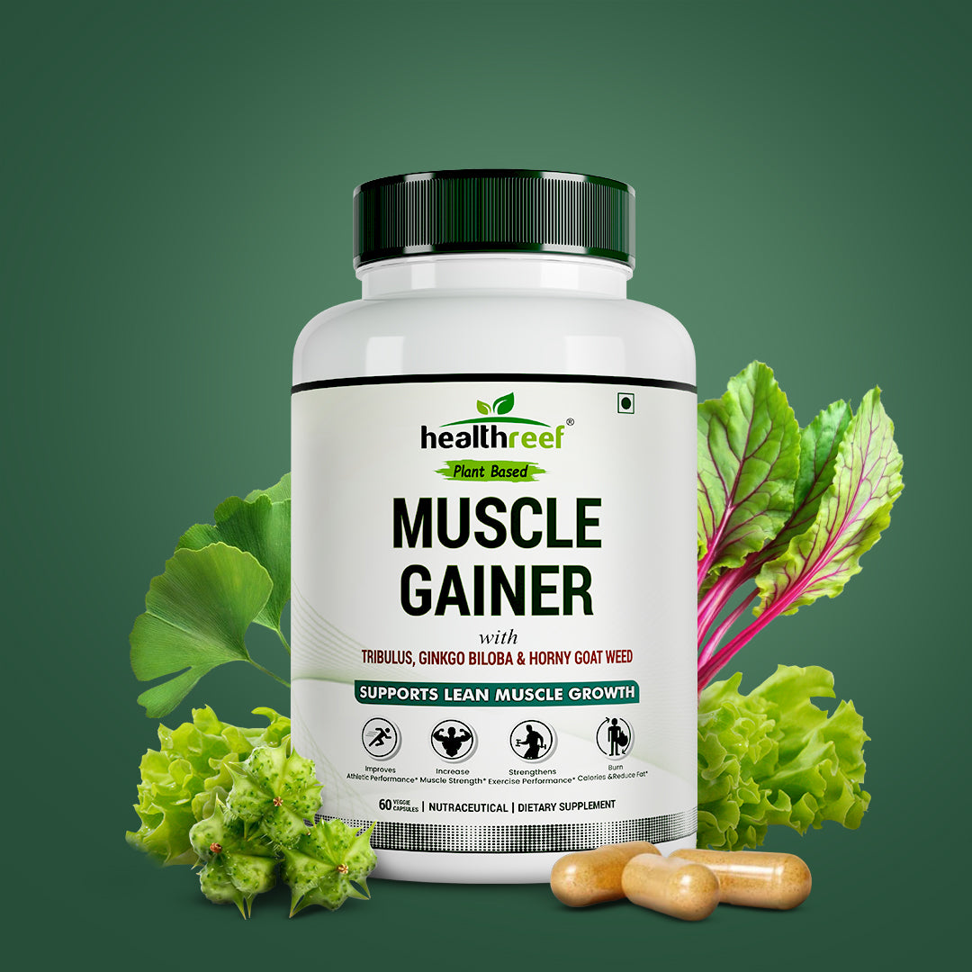 Healthreef Plant-Based Muscle Gainer Supplement Tribulus, Ginkgo Biloba & Horny Goat Weed for Strength, Stamina, Testosterone Boost & Workout Performance 60 Vegetarian Capsules