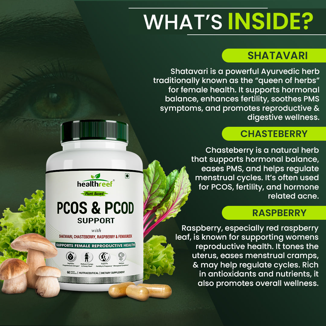 Healthreef Plant-Based PCOS & PCOD Hormonal Balance Supplement Shatavari, Chasteberry, Raspberry & Fenugreek for Menstrual Support, Fertility & Acne Relief - 60 Vegetarian Capsules
