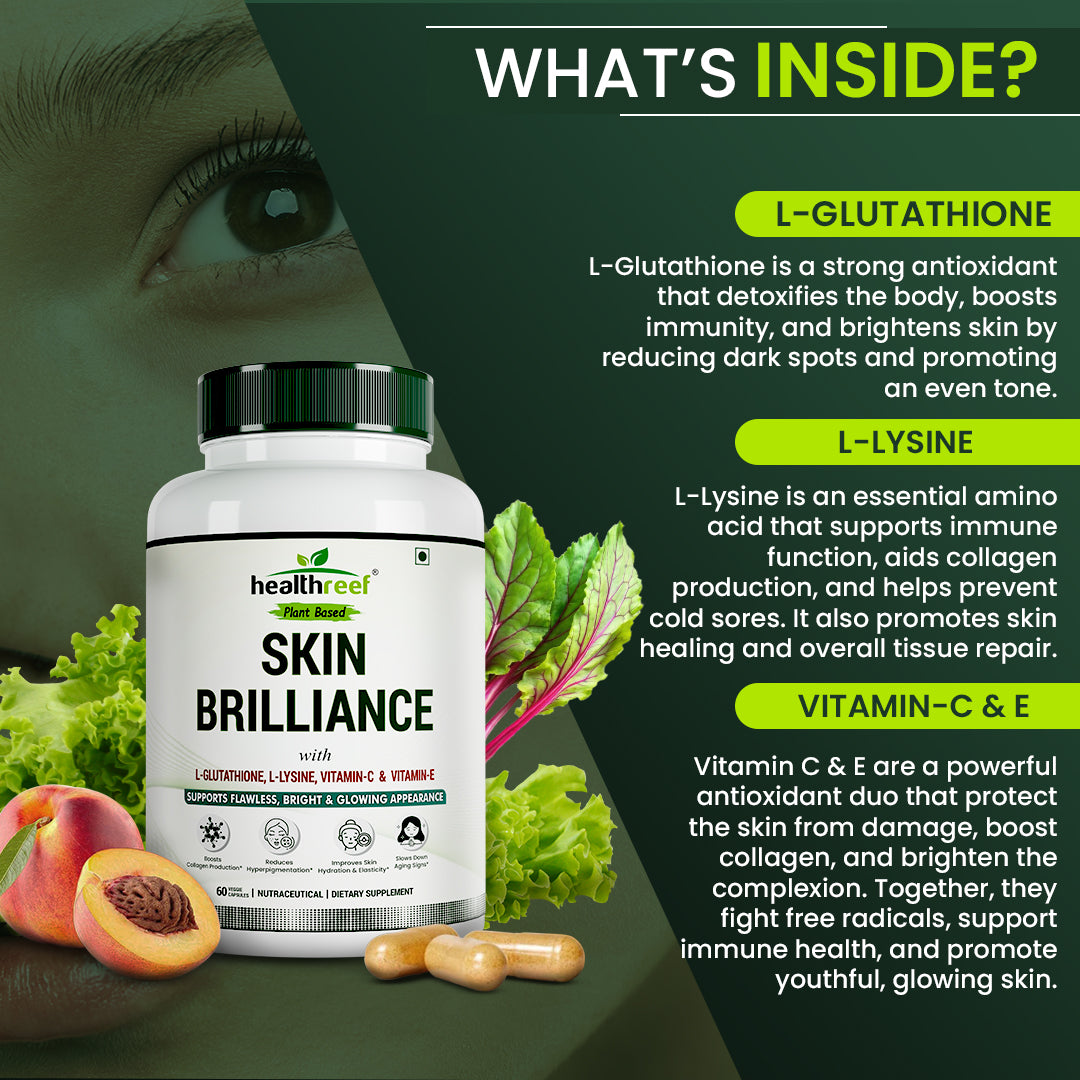 Healthreef Plant-Based Skin Brilliance Supplement L-Glutathione, L-Lysine, Vitamin C & E for Skin Brightening, Pigmentation Reduction & Anti-Aging - 60 Vegetarian Capsule