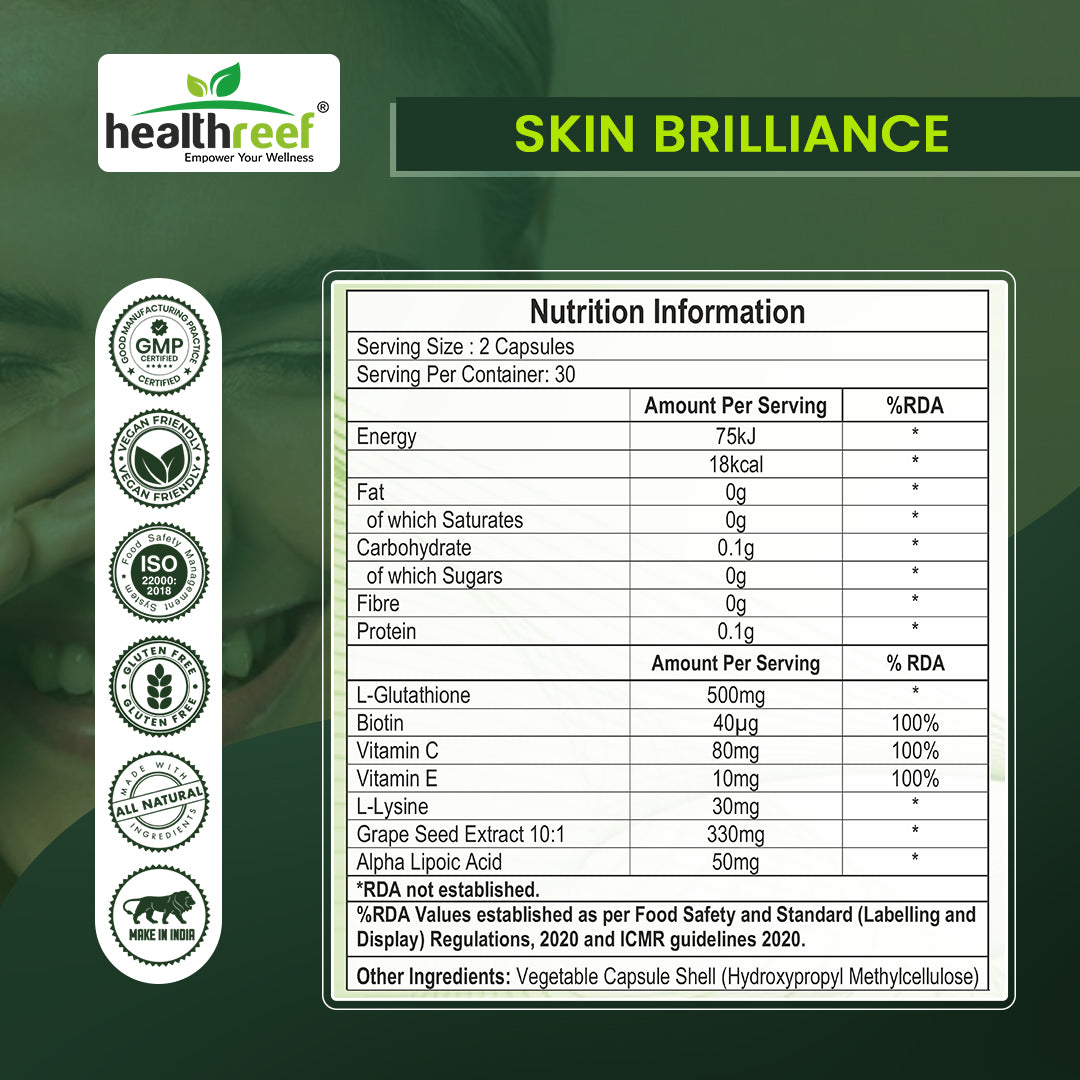 Healthreef Plant-Based Skin Brilliance Supplement L-Glutathione, L-Lysine, Vitamin C & E for Skin Brightening, Pigmentation Reduction & Anti-Aging - 60 Vegetarian Capsule