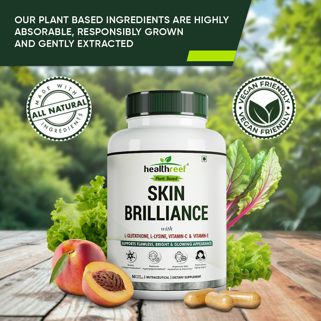 Healthreef Plant-Based Skin Brilliance Supplement L-Glutathione, L-Lysine, Vitamin C & E for Skin Brightening, Pigmentation Reduction & Anti-Aging - 60 Vegetarian Capsule