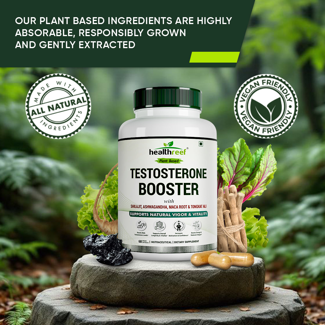 Healthreef Plant-Based Testosterone Booster with Ashwagandha, Tongkat Ali & Herbs for Stamina & Energy - 60 Veg Capsules - Healthreef