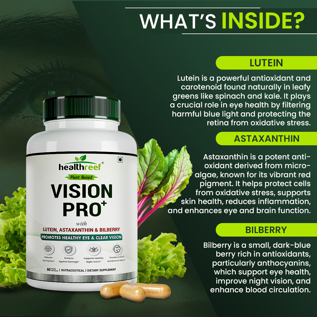 Healthreef Plant-Based Vision Pro+ Eye Care Supplement Lutein, Astaxanthin & Bilberry for Blue Light Protection, Macular Support & Night Vision - 60 Vegetarian Capsules