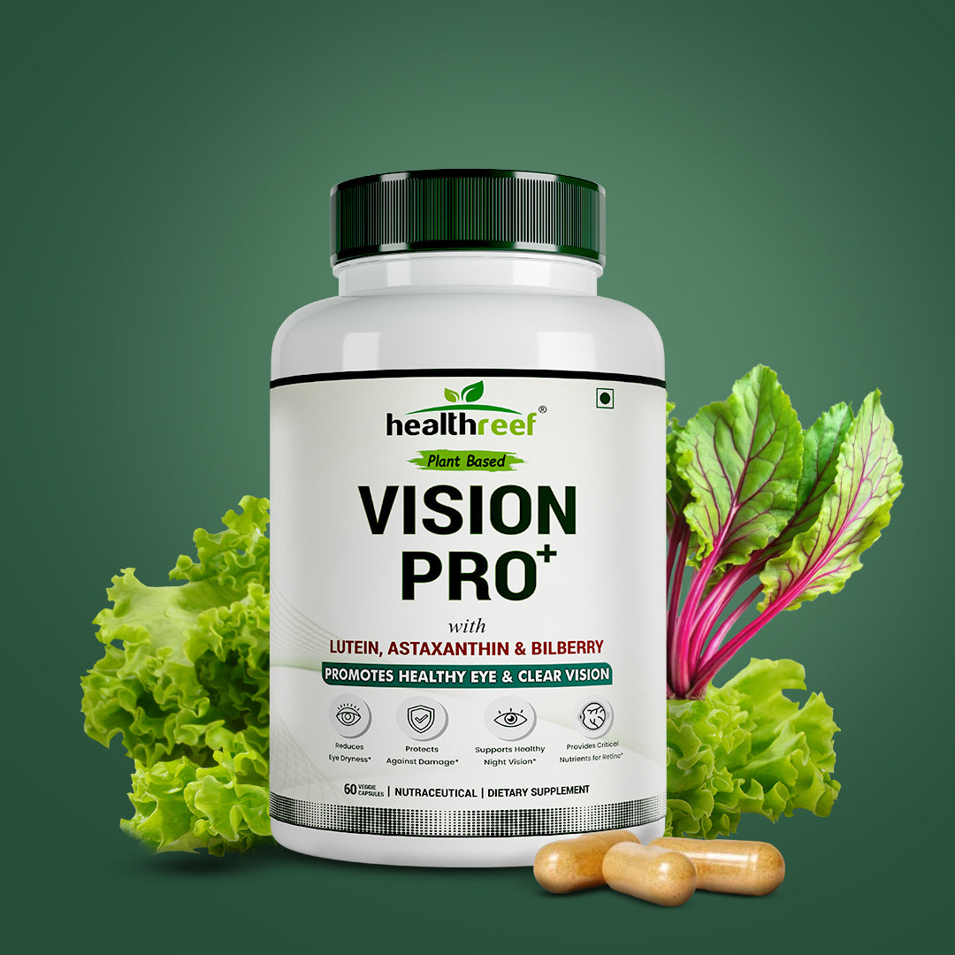 Healthreef Plant-Based Vision Pro+ Eye Care Supplement Lutein, Astaxanthin & Bilberry for Blue Light Protection, Macular Support & Night Vision - 60 Vegetarian Capsules