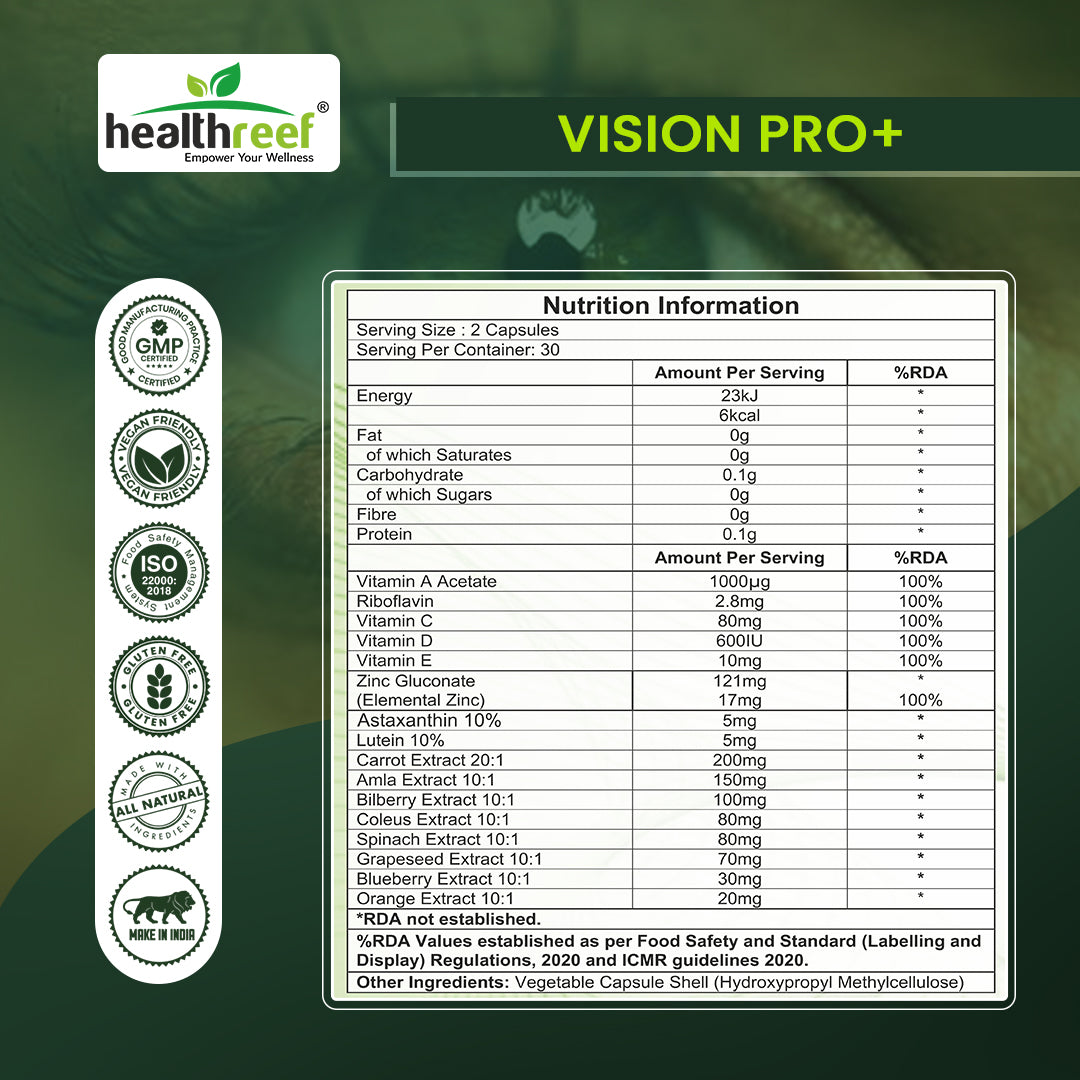 Healthreef Plant-Based Vision Pro+ Eye Care Supplement Lutein, Astaxanthin & Bilberry for Blue Light Protection, Macular Support & Night Vision - 60 Vegetarian Capsules