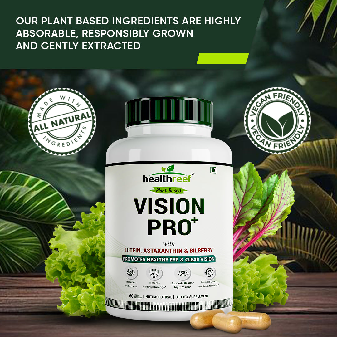 Healthreef Plant-Based Vision Pro+ Eye Care Supplement Lutein, Astaxanthin & Bilberry for Blue Light Protection, Macular Support & Night Vision - 60 Vegetarian Capsules