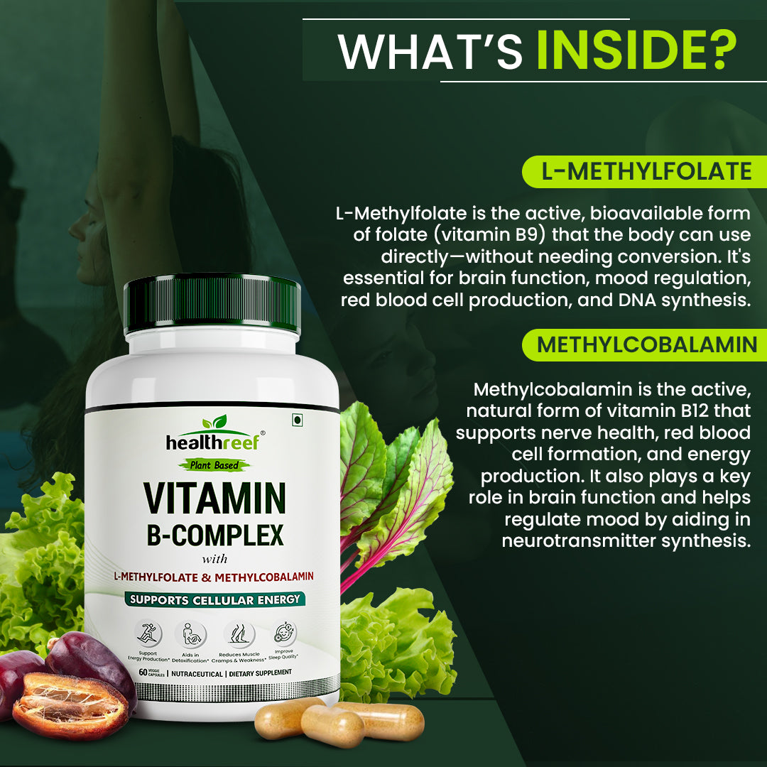 Healthreef Plant-Based Vitamin B-Complex Supplement for Energy Boost, Mood Balance & Nerve Health - 60 Vegetarian Capsules