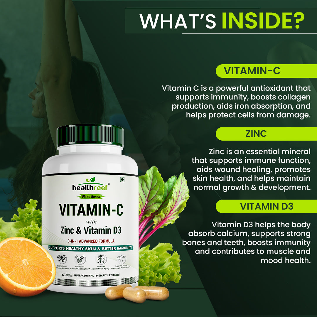 Healthreef Plant-Based Vitamin C with Zinc & D3 Supplement Immune Booster with High Absorption for Skin Health, Energy & Daily Wellness - 60 Vegetarian Capsules