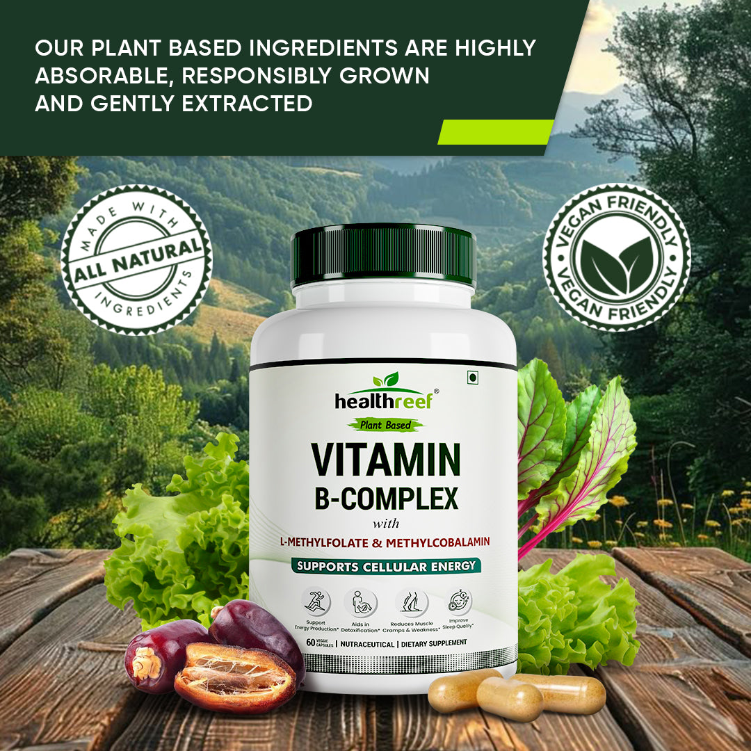 Healthreef Plant-Based Vitamin B-Complex Supplement for Energy Boost, Mood Balance & Nerve Health - 60 Vegetarian Capsules
