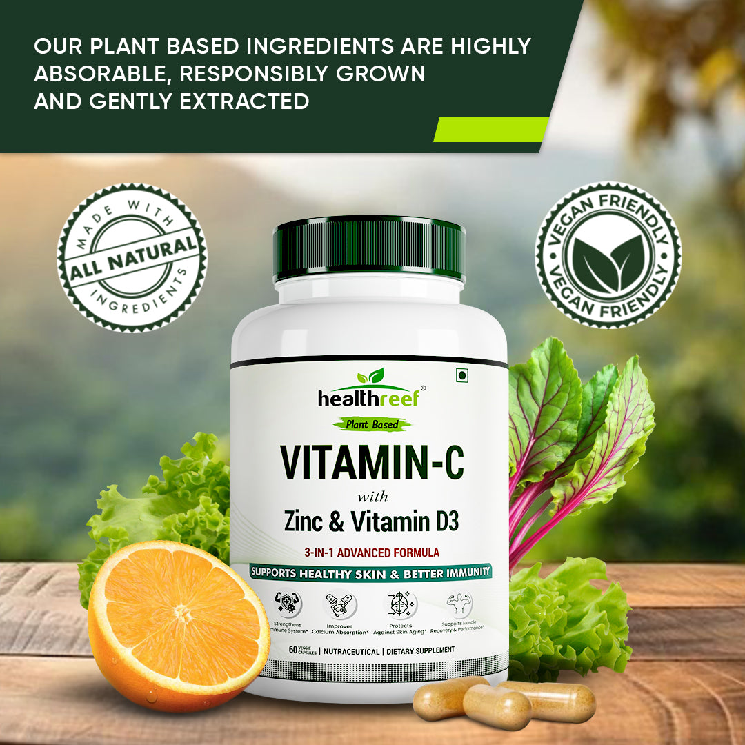 Healthreef Plant-Based Vitamin C with Zinc & D3 Supplement Immune Booster with High Absorption for Skin Health, Energy & Daily Wellness - 60 Vegetarian Capsules