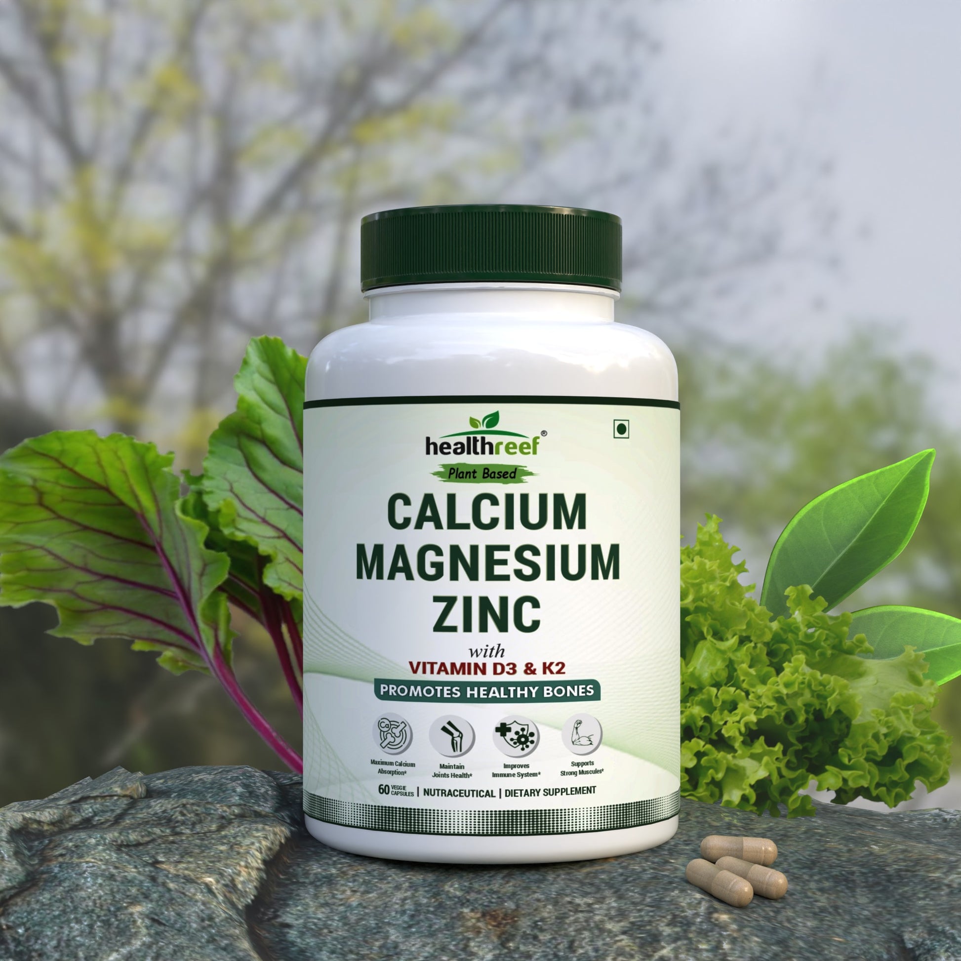 Healthreef Plant-Based Calcium Magnesium Zinc with Vitamin D3 & K2 – Bone Strength, Joint Flexibility & Enhanced Absorption - 60 Veg Capsules - Healthreef