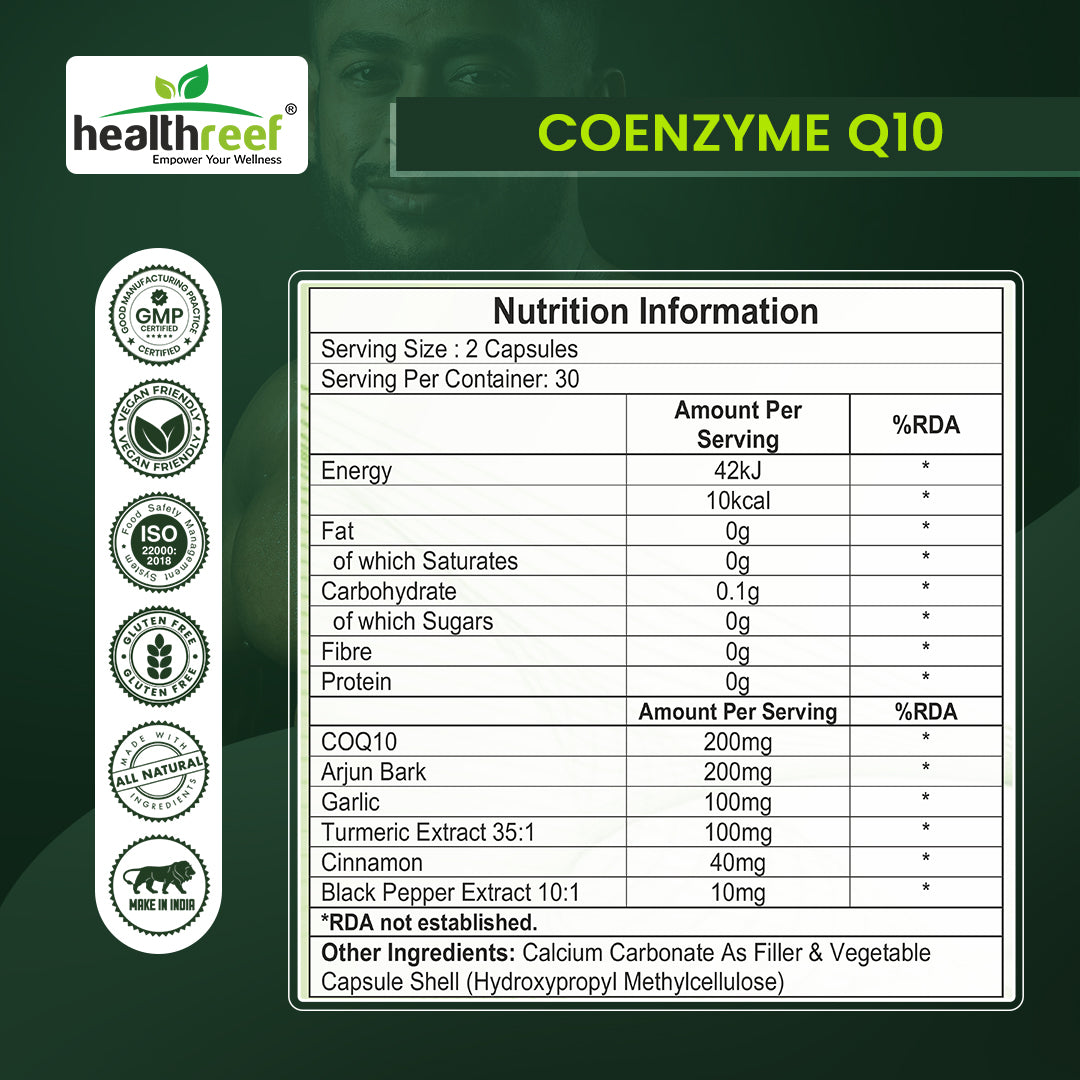Healthreef Plant-Based Coenzyme Q10 Heart Health Supplement with Cinnamon, Garlic, Arjuna & BioPerine for Energy & Antioxidant Support - 60 Vegetarian Capsules