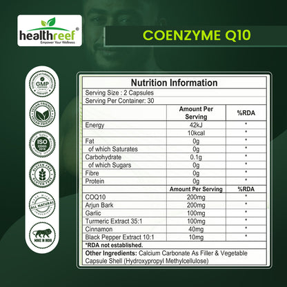 Healthreef Plant-Based Coenzyme Q10 Heart Health Supplement with Cinnamon, Garlic, Arjuna & BioPerine for Energy & Antioxidant Support - 60 Vegetarian Capsules
