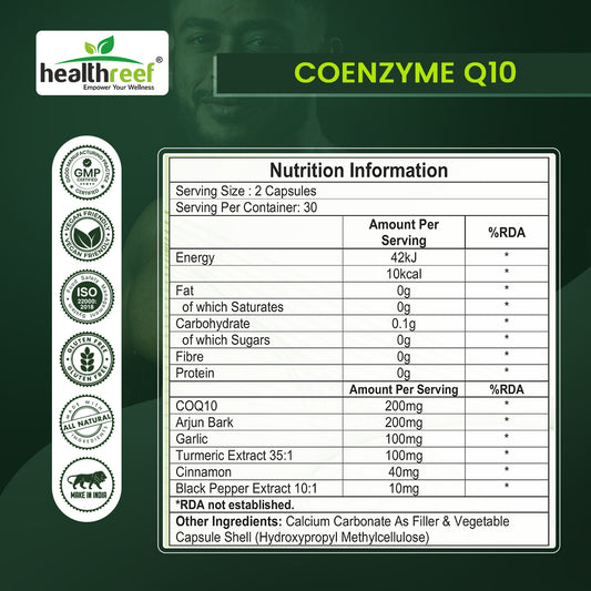 Healthreef Plant-Based Coenzyme Q10 Heart Health Supplement with Cinnamon, Garlic, Arjuna & BioPerine for Energy & Antioxidant Support - 60 Vegetarian Capsules