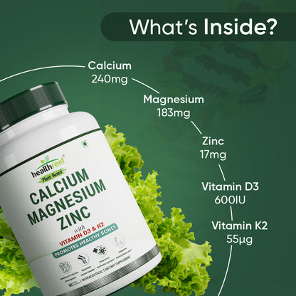 Healthreef Plant-Based Calcium Magnesium Zinc with Vitamin D3 & K2 – Bone Strength, Joint Flexibility & Enhanced Absorption - 60 Veg Capsules - Healthreef