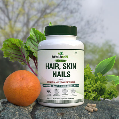 Healthreef Plant-Based Hair Skin & Nails Supplement – Biotin, Vitamin C & E for Hair Growth, Skin Glow & Nail Strength - 60 Veg Capsules - Healthreef