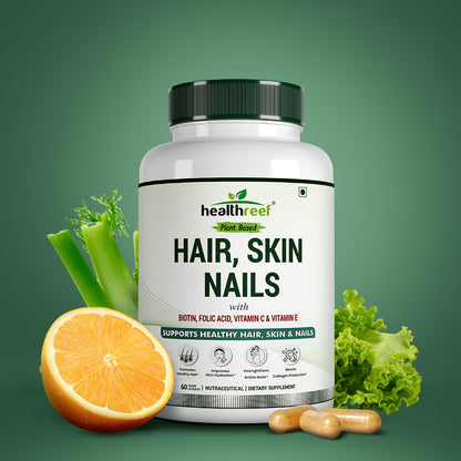 Healthreef Plant-Based Hair, Skin & Nails Formula – Biotin, Folic Acid, Vitamin C & E Plus Antioxidants for Nourished Hair, Vibrant Skin, and Resilient Nails – Supports Collagen & Cellular Health – 60 Veg Capsules