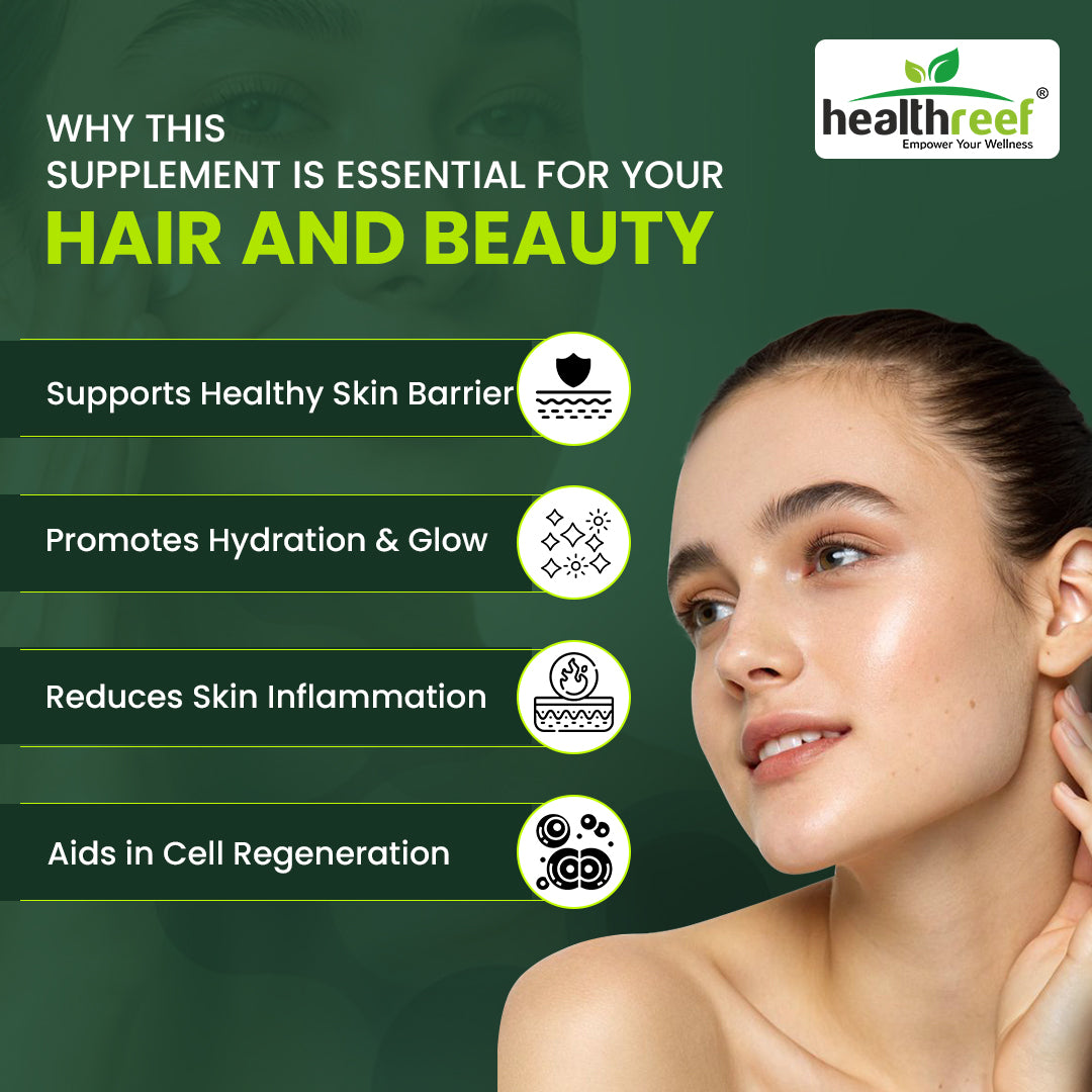Healthreef Plant-Based Hair, Skin & Nails Formula – Biotin, Folic Acid, Vitamin C & E Plus Antioxidants for Nourished Hair, Vibrant Skin, and Resilient Nails – Supports Collagen & Cellular Health – 60 Veg Capsules