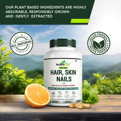 Healthreef Plant-Based Hair, Skin & Nails Formula – Biotin, Folic Acid, Vitamin C & E Plus Antioxidants for Nourished Hair, Vibrant Skin, and Resilient Nails – Supports Collagen & Cellular Health – 60 Veg Capsules