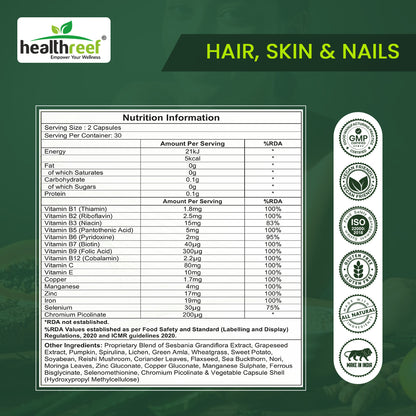 Healthreef Plant-Based Hair, Skin & Nails Formula – Biotin, Folic Acid, Vitamin C & E Plus Antioxidants for Nourished Hair, Vibrant Skin, and Resilient Nails – Supports Collagen & Cellular Health – 60 Veg Capsules