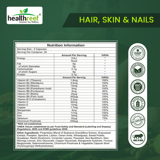 Healthreef Plant-Based Hair, Skin & Nails Formula – Biotin, Folic Acid, Vitamin C & E Plus Antioxidants for Nourished Hair, Vibrant Skin, and Resilient Nails – Supports Collagen & Cellular Health – 60 Veg Capsules