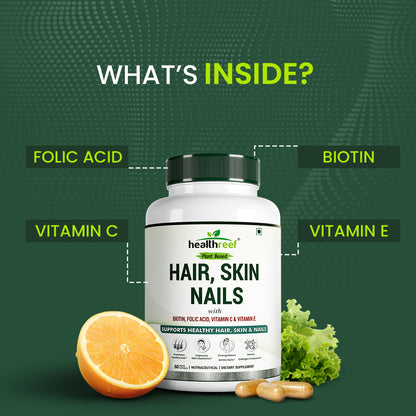 Healthreef Plant-Based Hair, Skin & Nails Formula – Biotin, Folic Acid, Vitamin C & E Plus Antioxidants for Nourished Hair, Vibrant Skin, and Resilient Nails – Supports Collagen & Cellular Health – 60 Veg Capsules