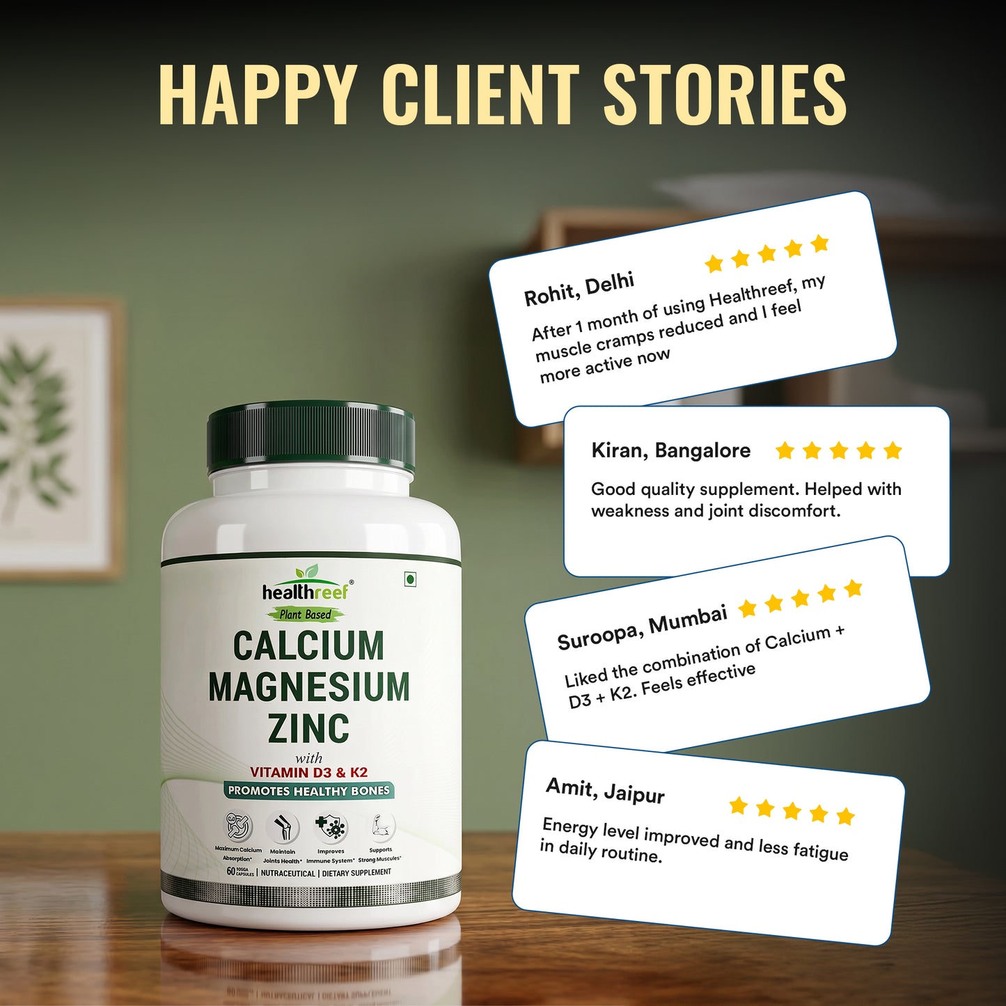 Calcium, Magnesium, Zinc, with Vitamin D3 & K2 Supplement (60 veg Capsules in one bottle)