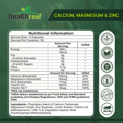 Healthreef Plant-Based Calcium, Magnesium, Zinc with Vitamin D3 & K2 Supplement Bone Strength, Joint Flexibility & Enhanced Calcium Absorption - 60 Vegetarian Capsules